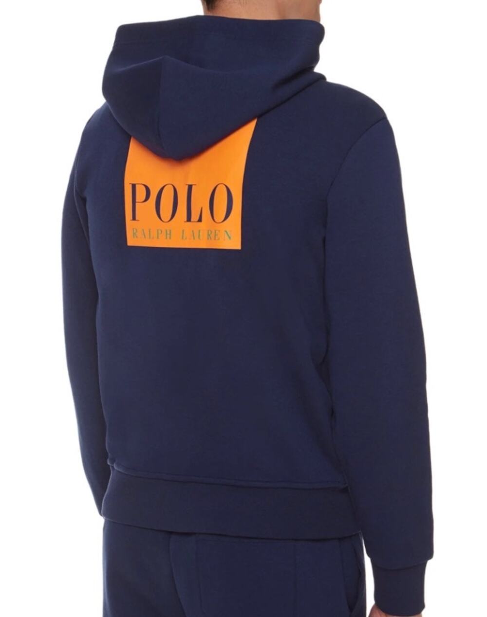 POLO RALPH LAUREN Men's Blue Double-Knit Full Zip Hoodie Box Logo Orange Blue L